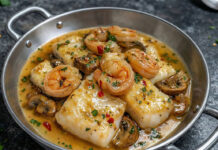 Bacalhau dourado com camarão cogumelos e molho de alho