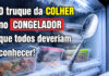 Interior de um congelador com uma colher metálica colocada sobre um recipiente congelado, ilustrando um truque simples para ajudar a detetar possíveis falhas de energia e proteger os alimentos armazenados.